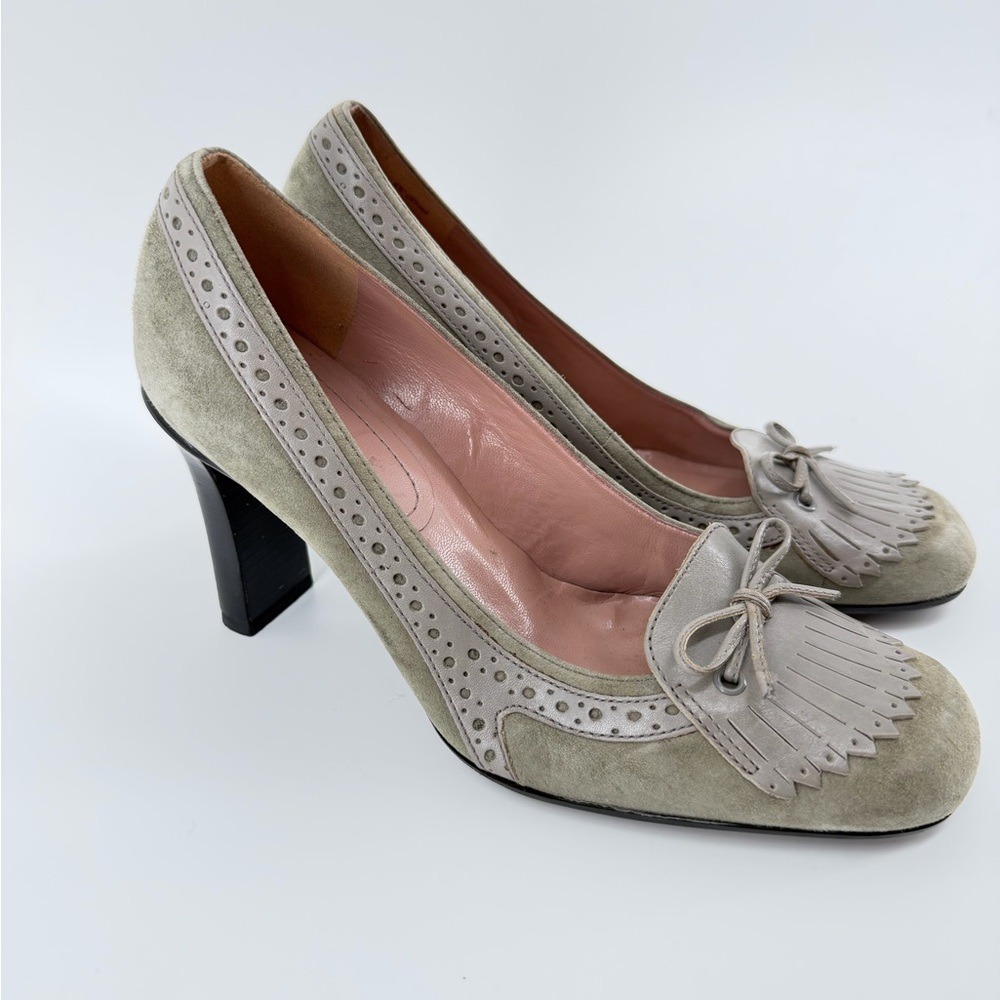 Nine West Womens 6 Oxford Olive Suede Kiltie Fringe Wingtip Block Heel Pumps Bow - Picture 4 of 10